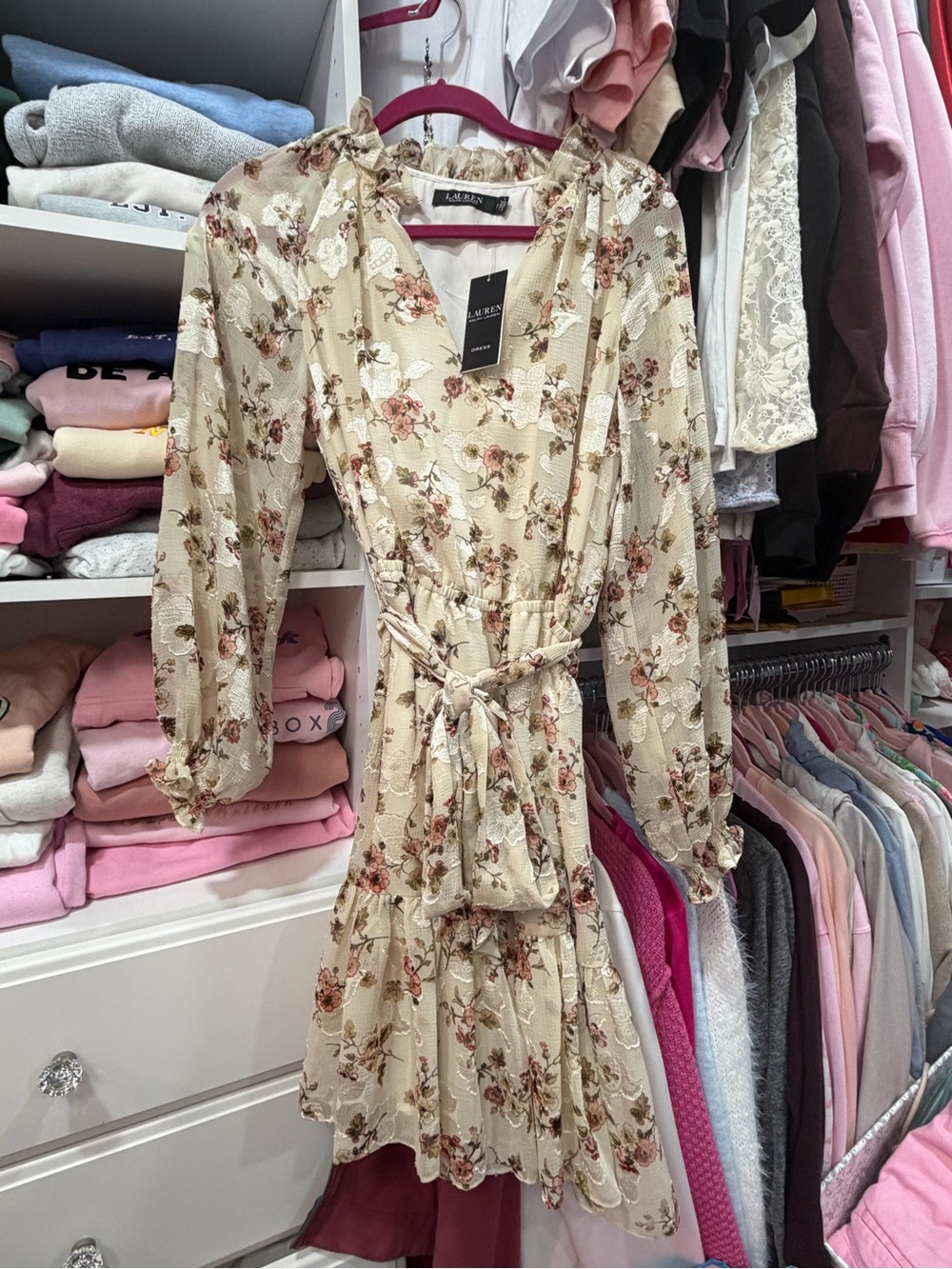 Lauren Ralph Lauren Ladies' Floral Tie-Waist Cream Dress, size 2, NEW WITH TAGS